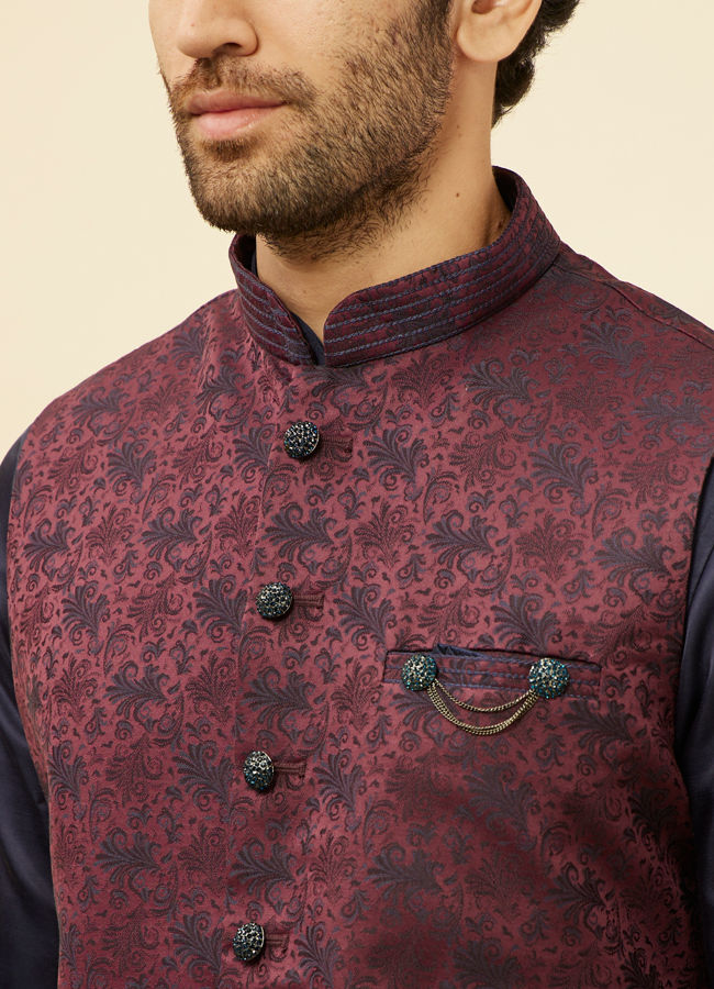 Manyavar Men Wine Sprig Patterned Jacket