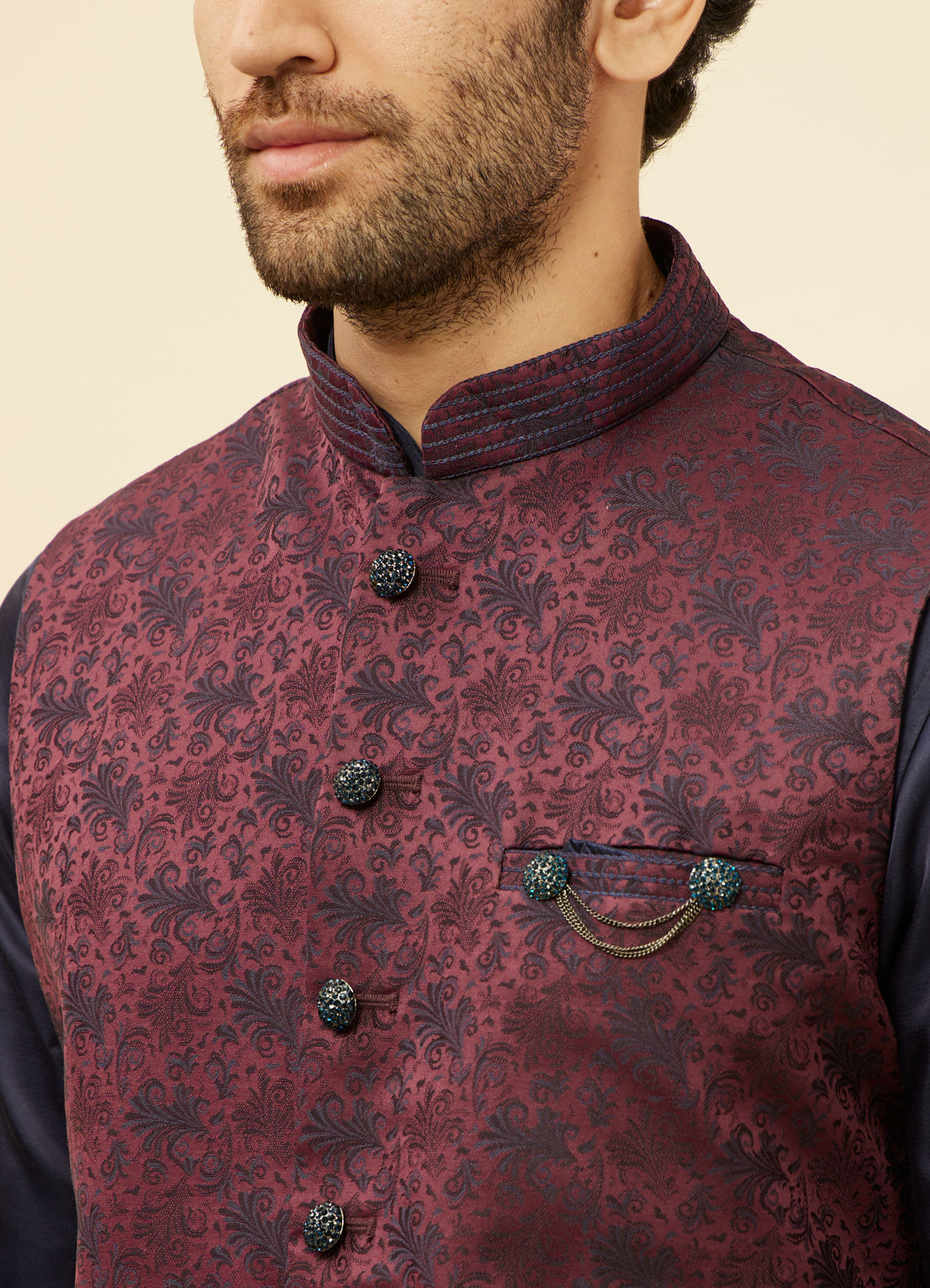 Manyavar Men Wine Sprig Patterned Jacket