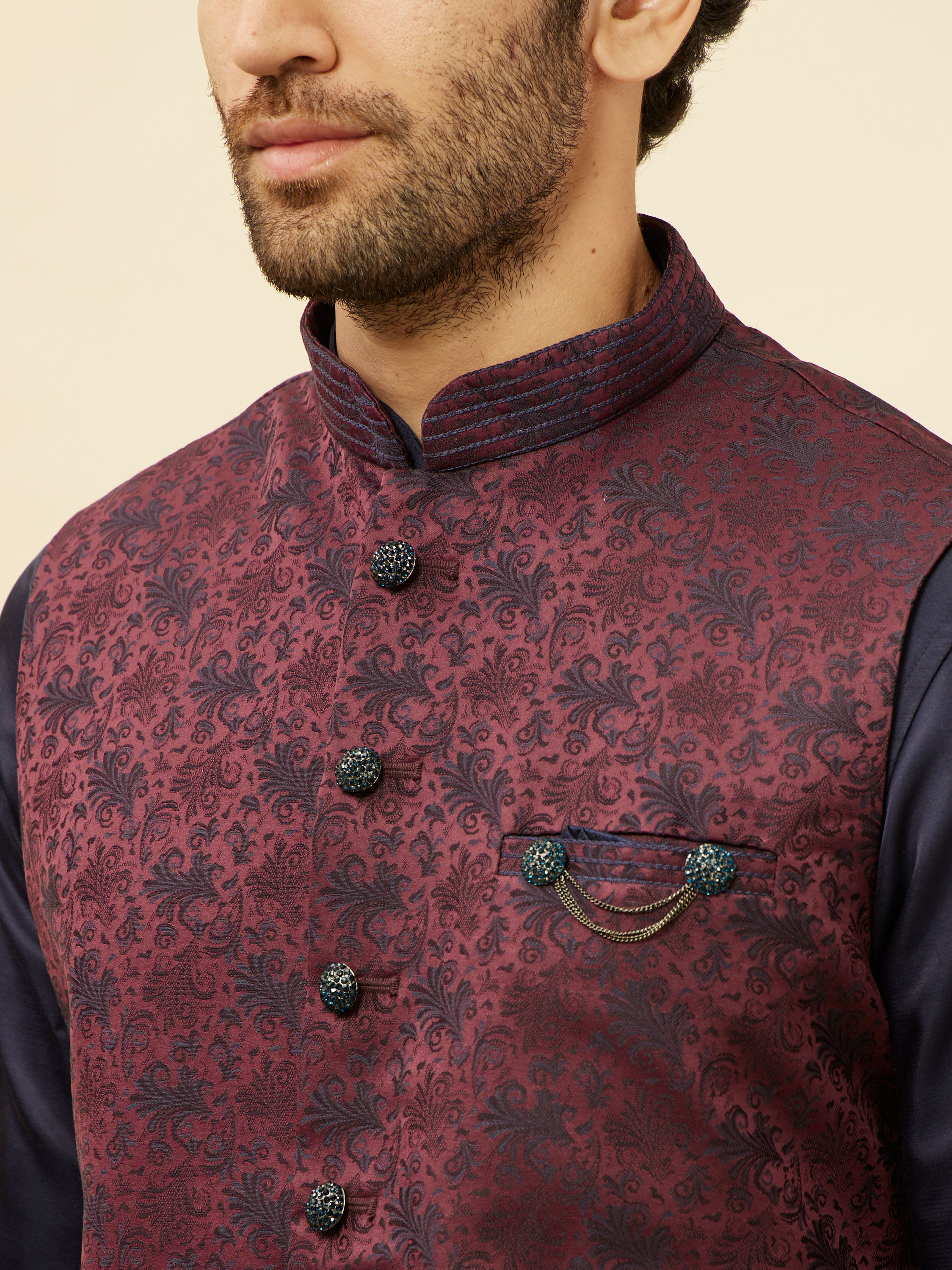 Manyavar Men Wine Sprig Patterned Jacket