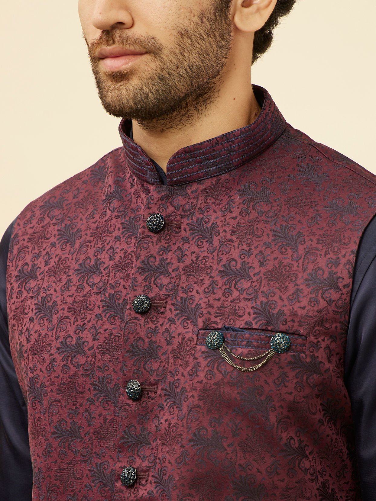 alt message - Manyavar Men Wine Sprig Patterned Jacket image number 1