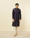 alt message - Manyavar Men Navy Blue Floral Patterned Jacket image number 2