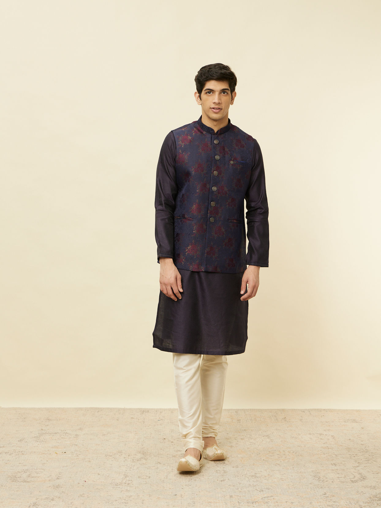 Manyavar Men Navy Blue Floral Patterned Jacket
