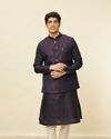 alt message - Manyavar Men Navy Blue Floral Patterned Jacket image number 0