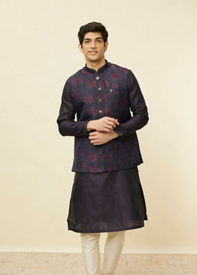 alt message - Manyavar Men Navy Blue Floral Patterned Jacket