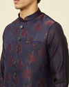 alt message - Manyavar Men Navy Blue Floral Patterned Jacket image number 1