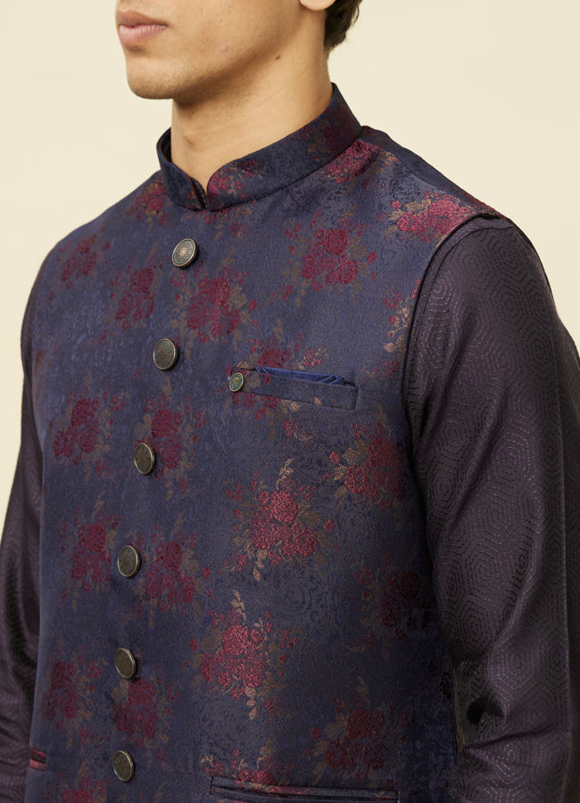 alt message - Manyavar Men Navy Blue Floral Patterned Jacket image number 1