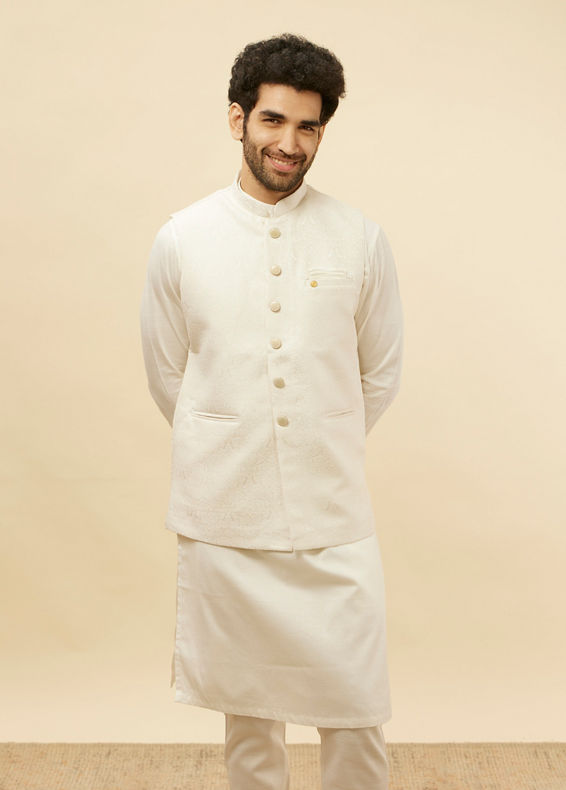 alt message - Manyavar Men Cream White Victorian Patterned Jacket