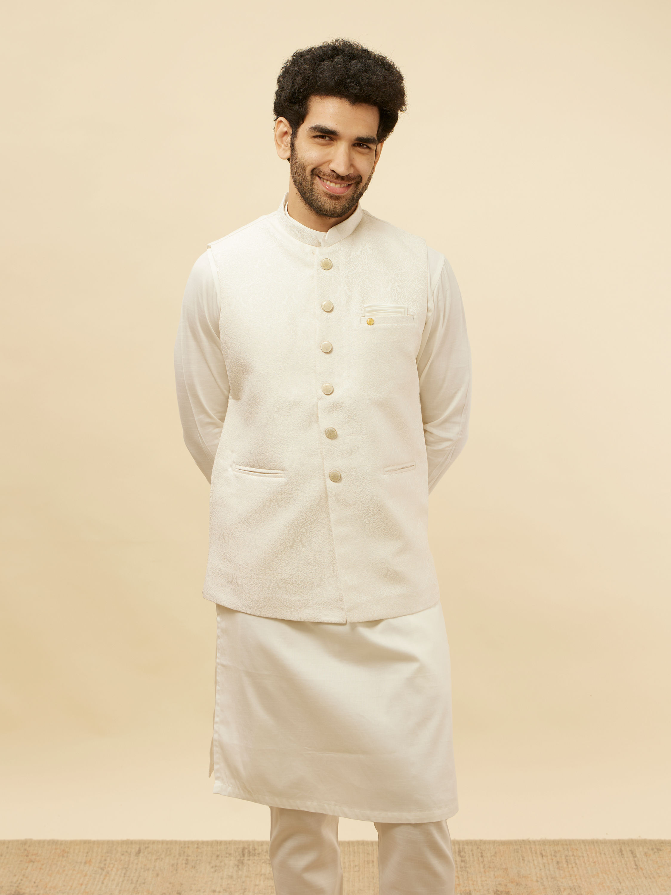 Manyavar Men Cream White Victorian Patterned Jacket