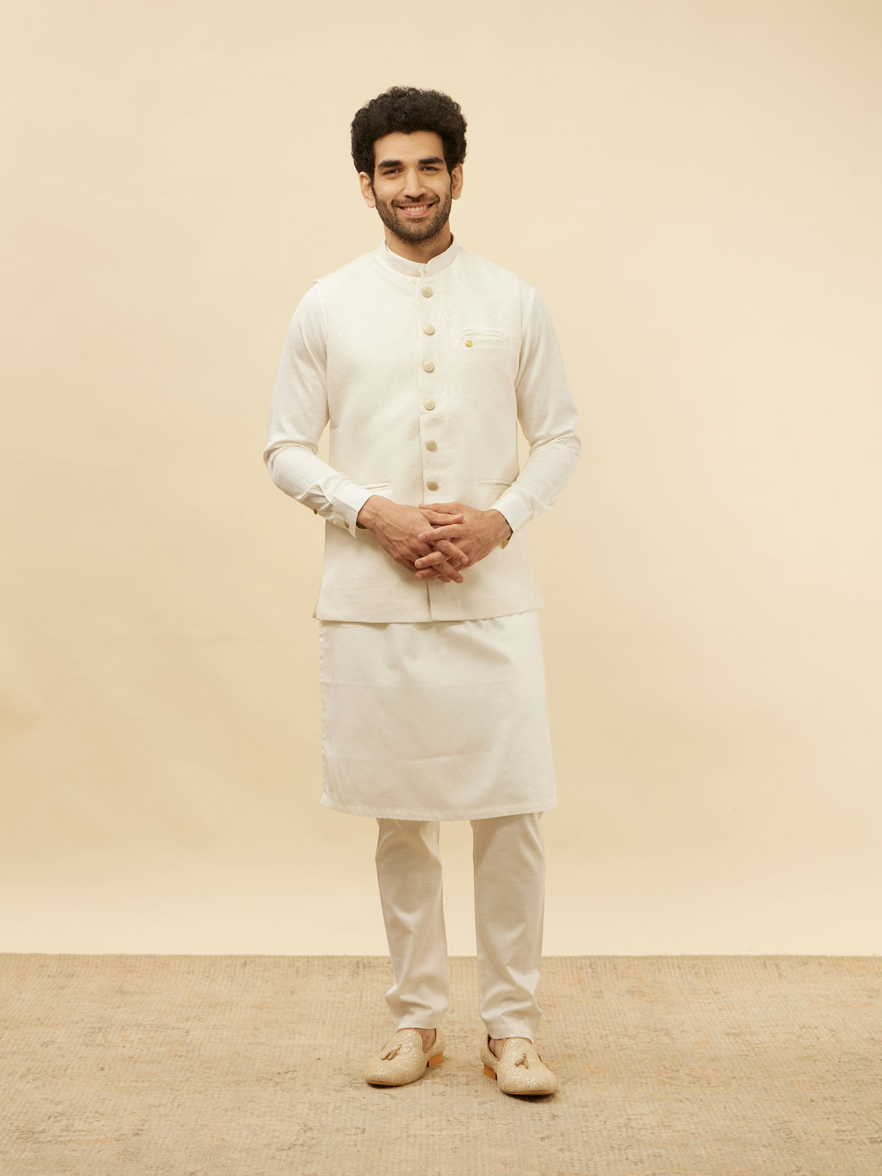 Manyavar Men Cream White Victorian Patterned Jacket