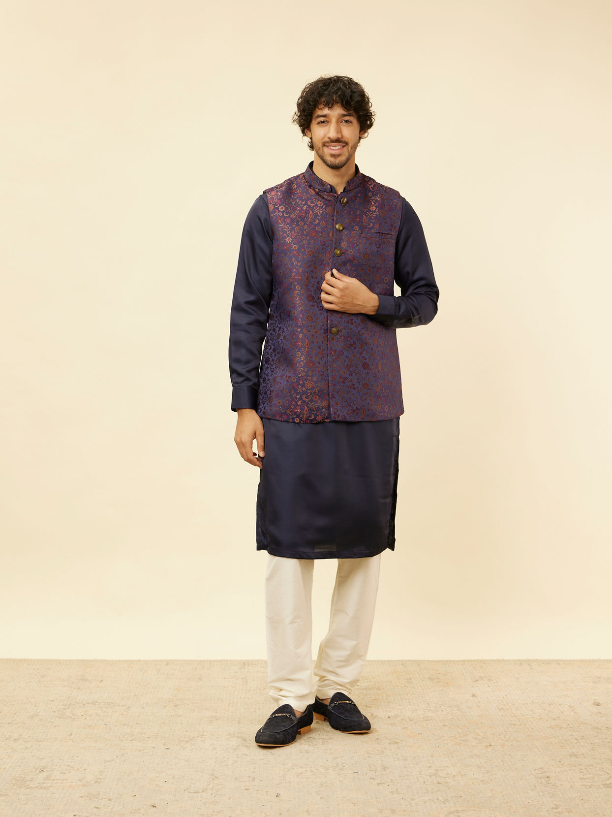 Manyavar Men Sapphire Blue Bel Buti Patterned Jacket