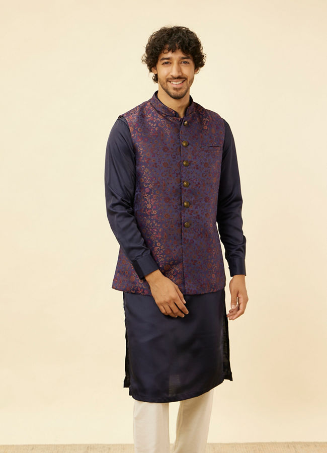 alt message - Manyavar Men Sapphire Blue Bel Buti Patterned Jacket image number 0