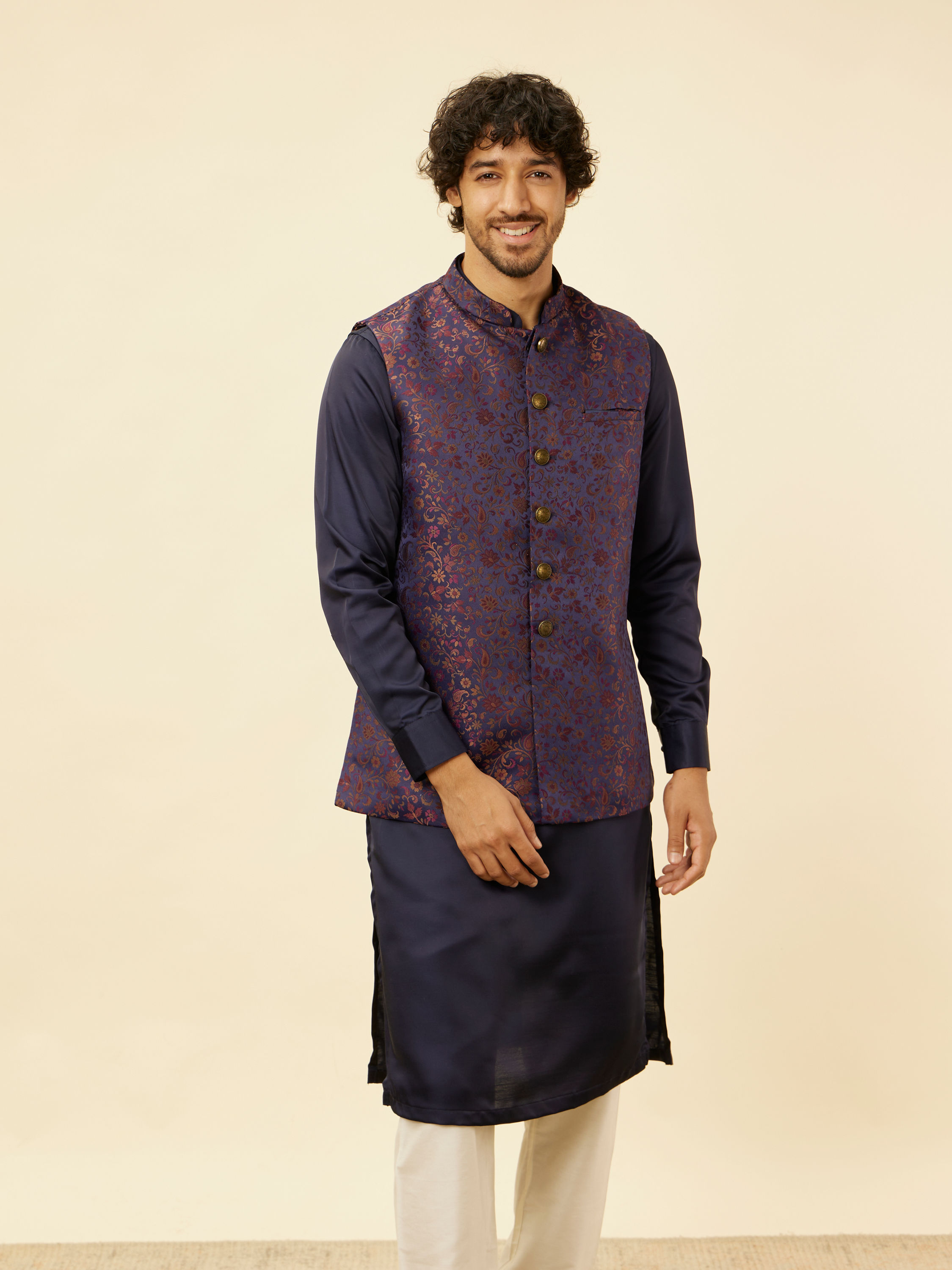 Manyavar Men Sapphire Blue Bel Buti Patterned Jacket