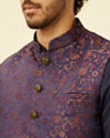 alt message - Manyavar Men Sapphire Blue Bel Buti Patterned Jacket image number 1