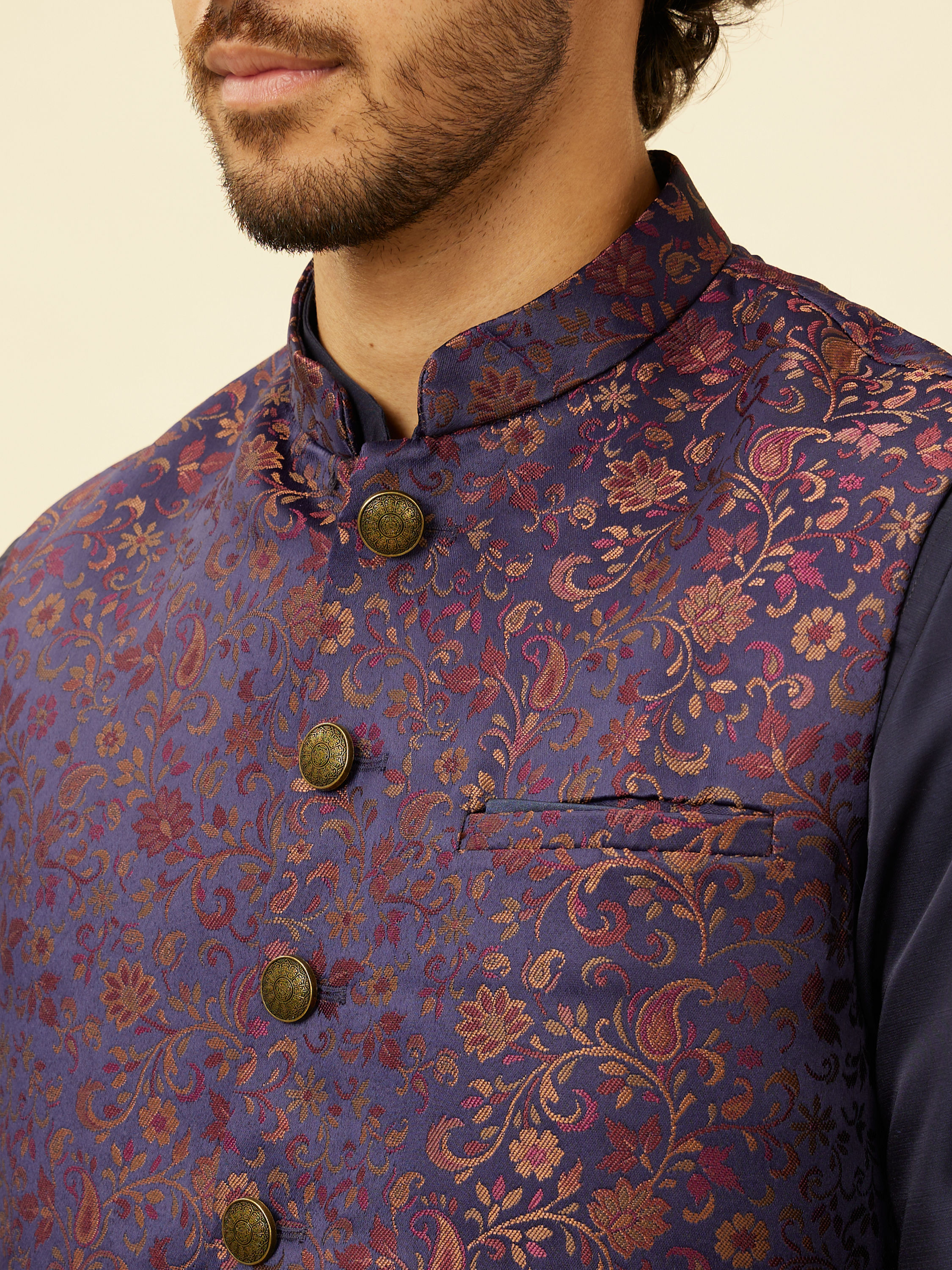 Manyavar Men Sapphire Blue Bel Buti Patterned Jacket