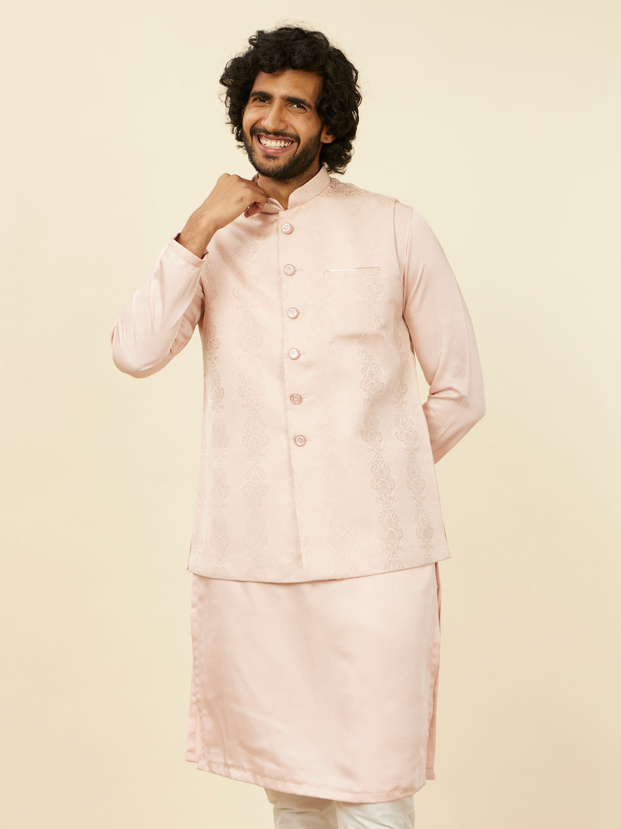 alt message - Manyavar Men Shell Pink Imperial Patterned Nehru Jacket image number 0