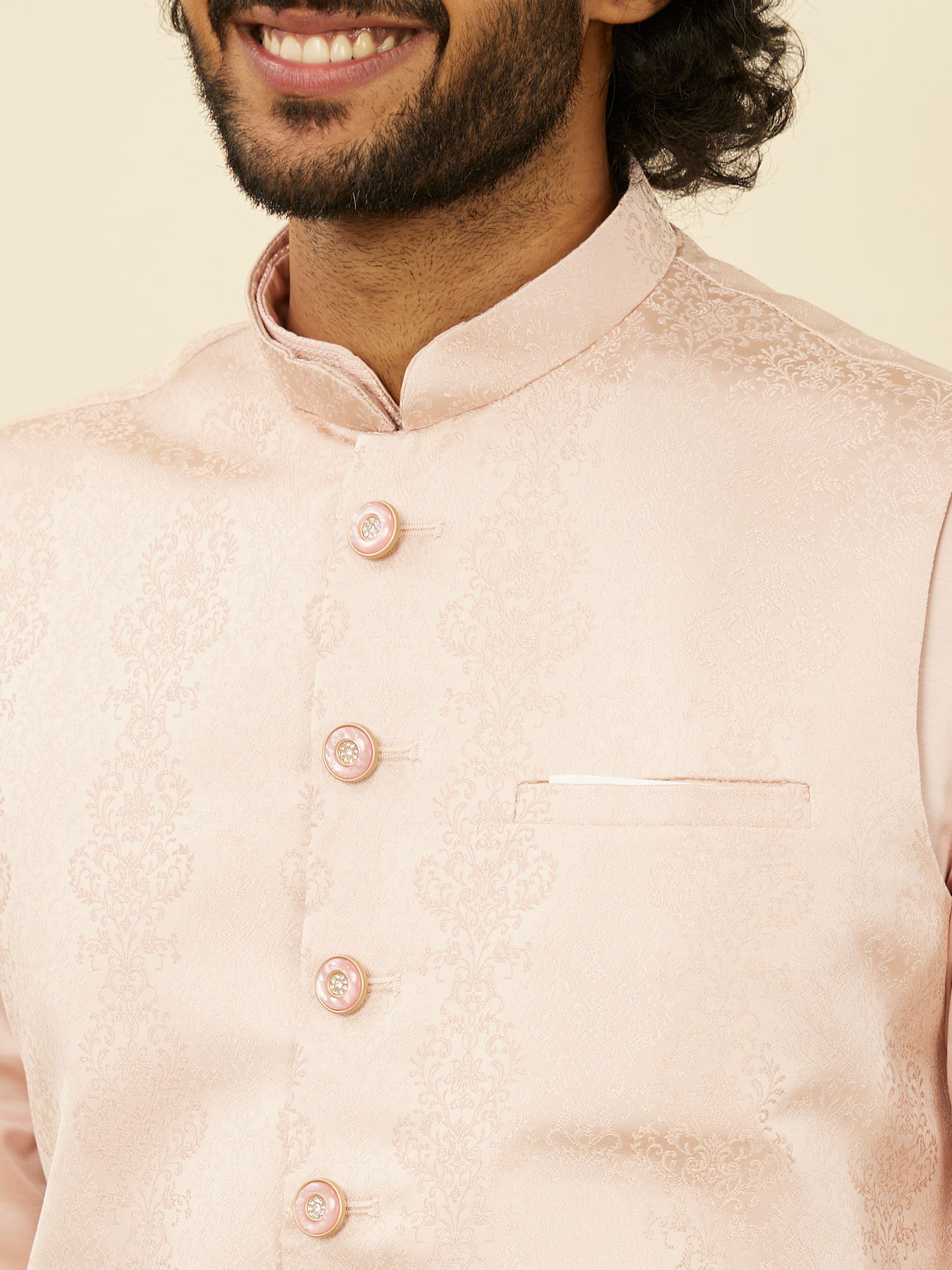 alt message - Manyavar Men Shell Pink Imperial Patterned Nehru Jacket image number 1