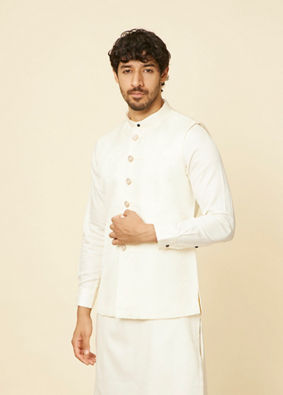 alt message - Manyavar Men Warm White Imperial Jaal Patterned Jacket