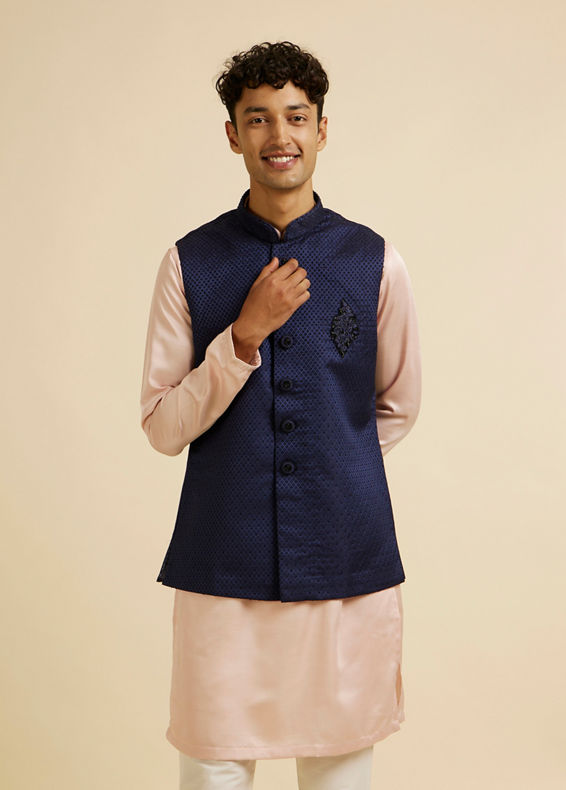 Manyavar Men Dark Blue Jaal Patterned Jacket