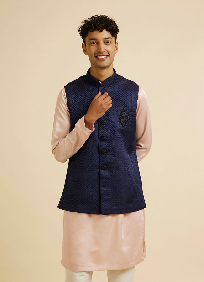 Manyavar Men Dark Blue Jaal Patterned Jacket