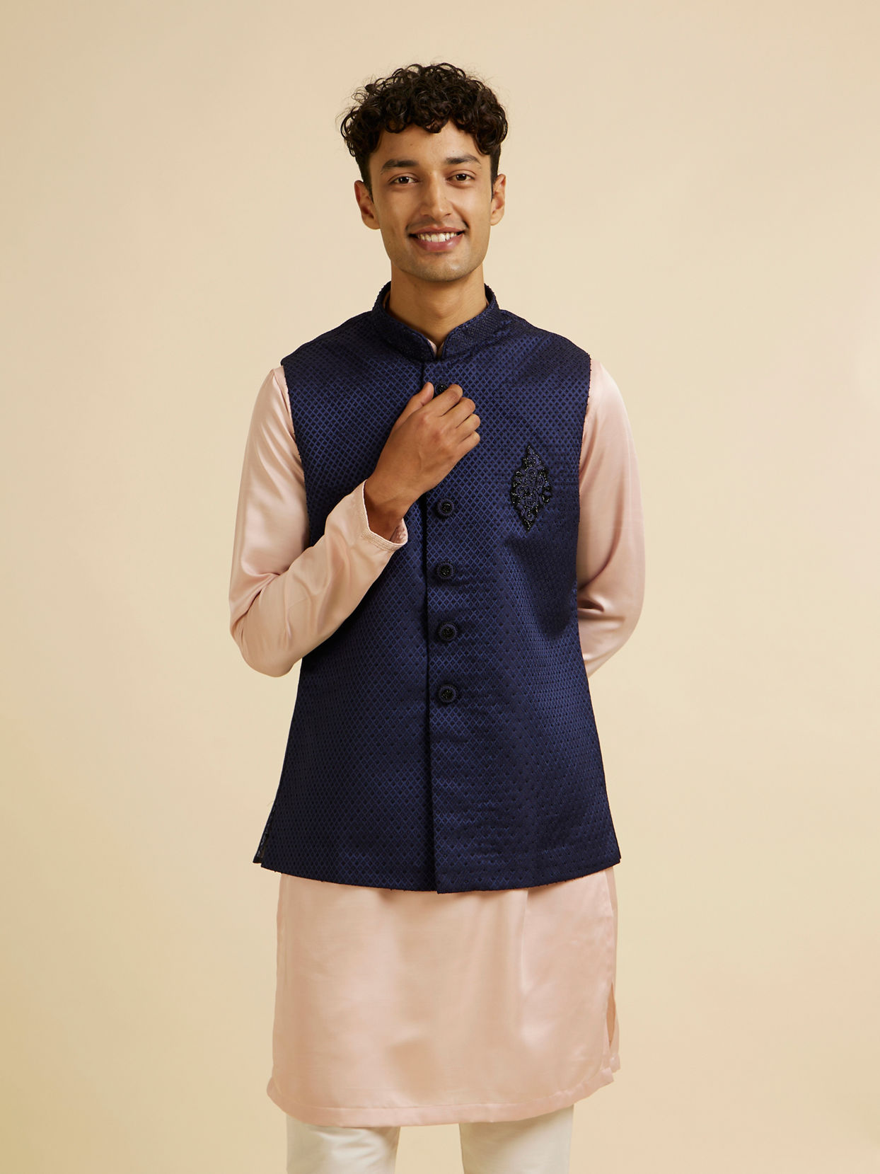 Manyavar Men Dark Blue Jaal Patterned Jacket