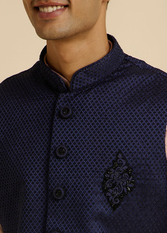 Manyavar Men Dark Blue Jaal Patterned Jacket