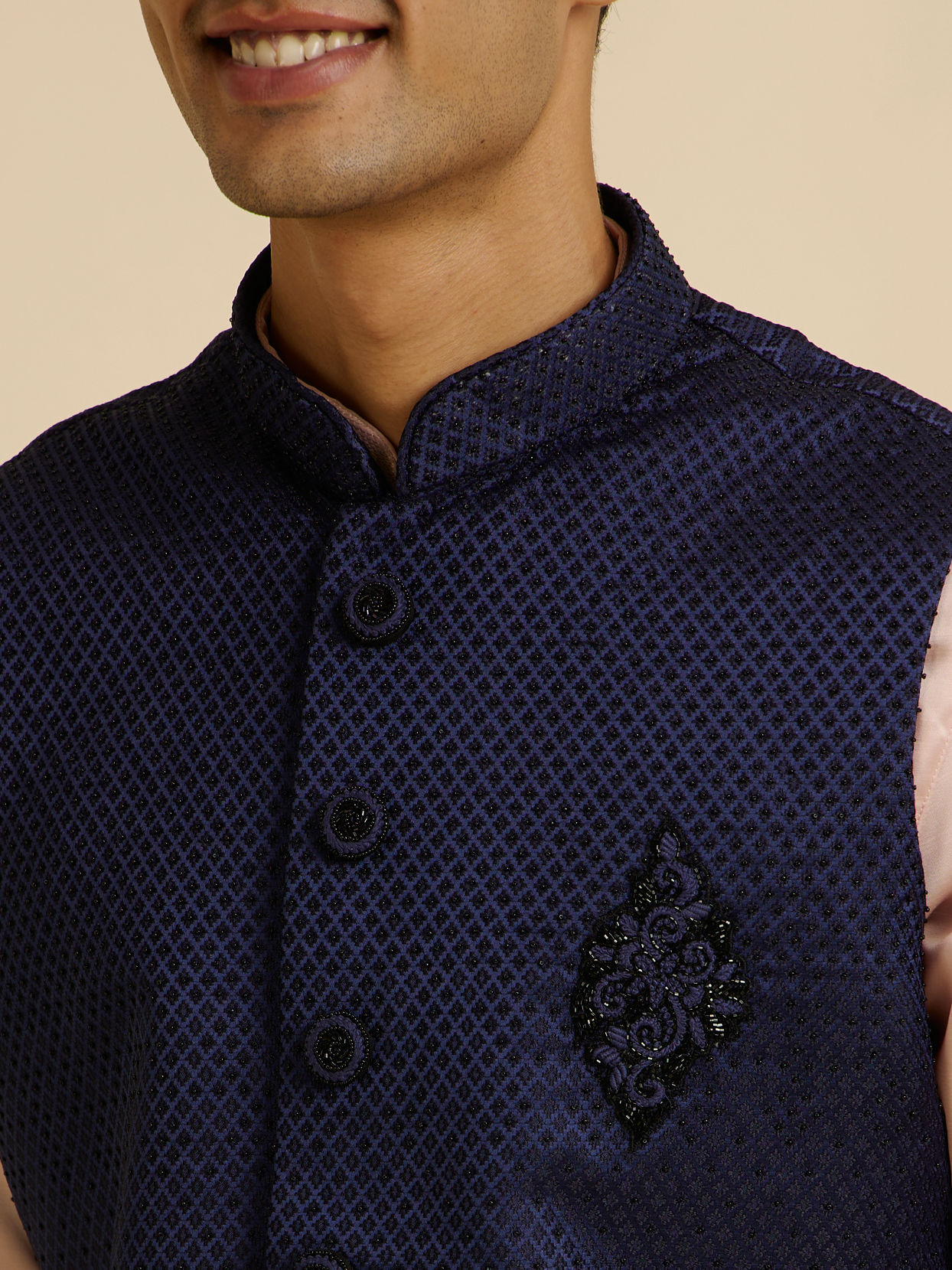 Manyavar Men Dark Blue Jaal Patterned Jacket