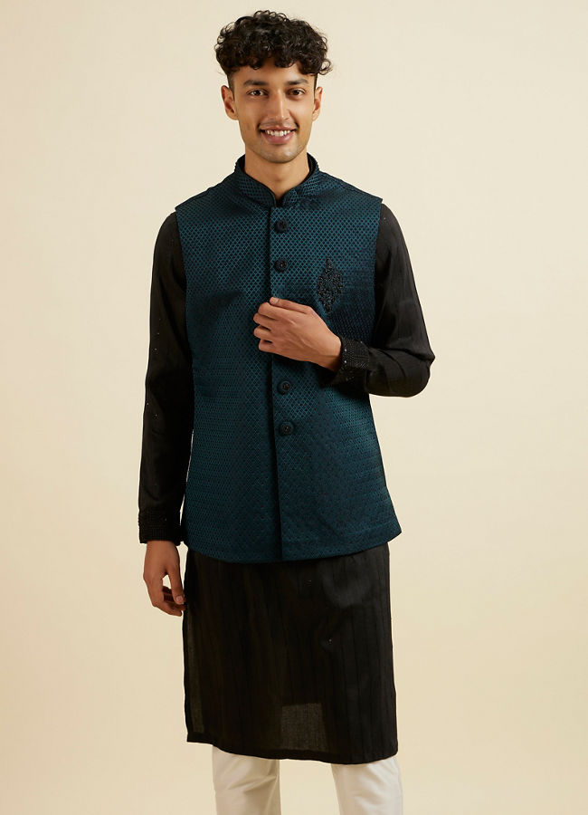 Manyavar Men Teal Green Jaal Patterned Jacket