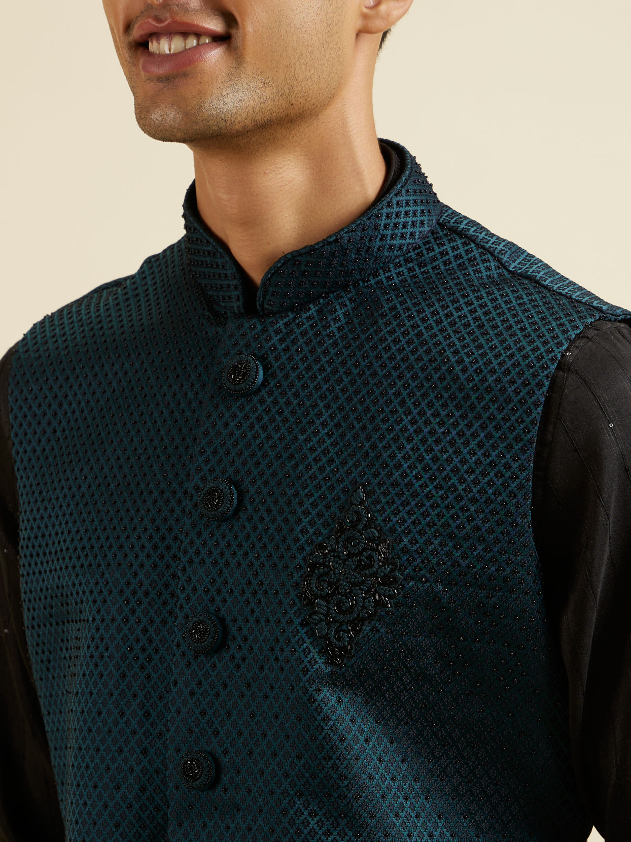 Manyavar Men Teal Green Jaal Patterned Jacket