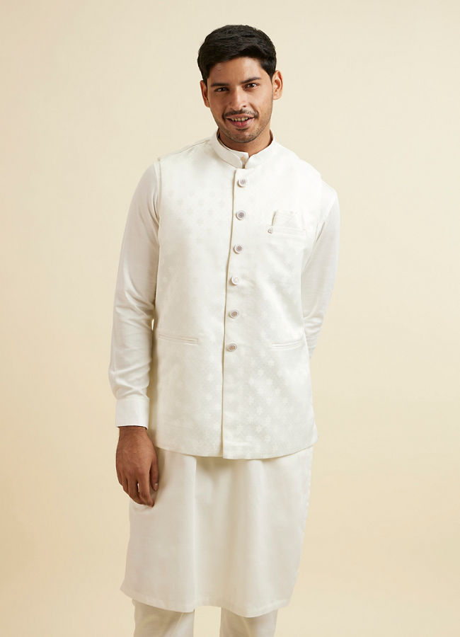 alt message - Manyavar Men Warm White Ditsy Floral Print Jacket image number 0