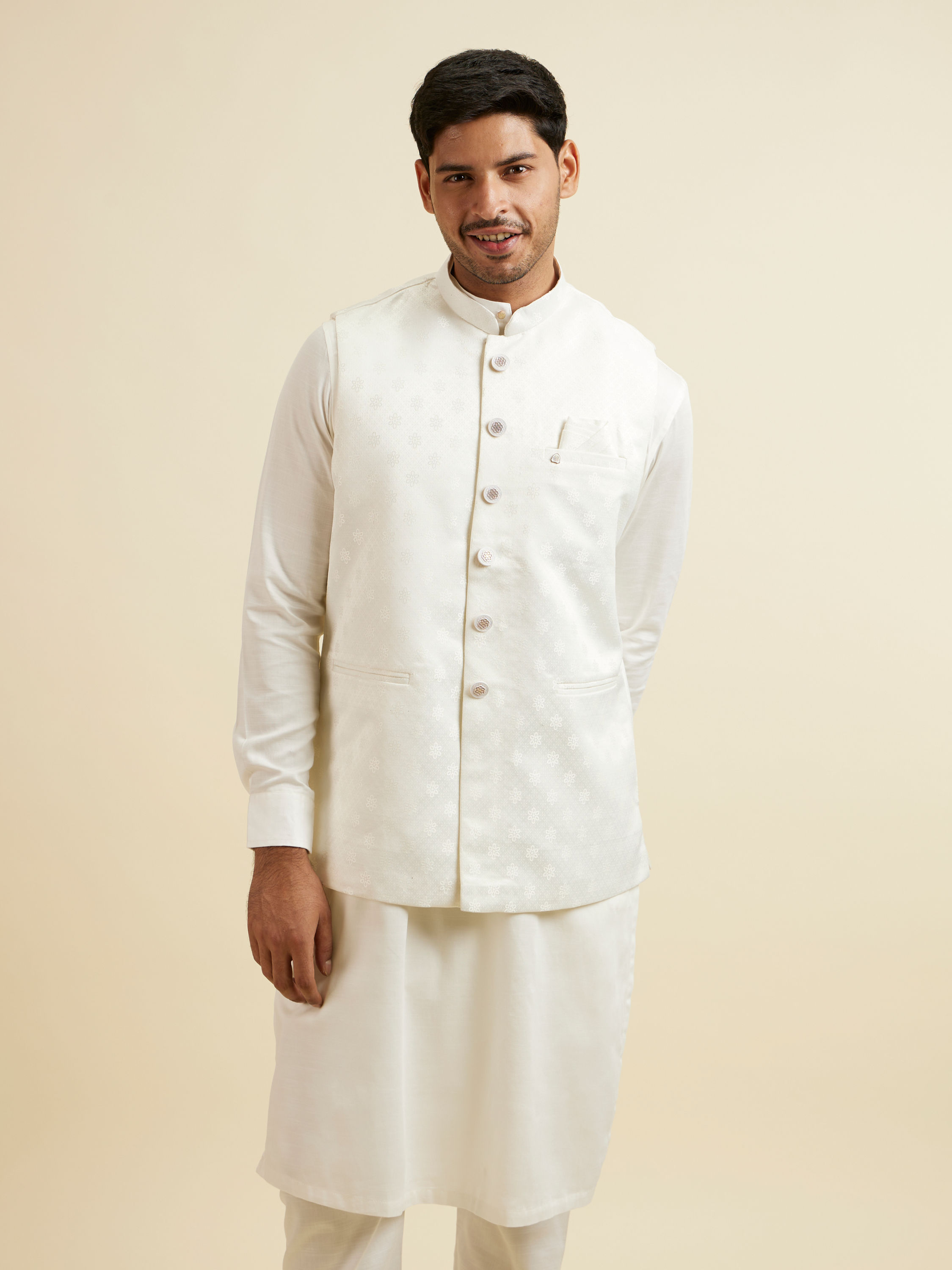 Manyavar Men Warm White Ditsy Floral Print Jacket