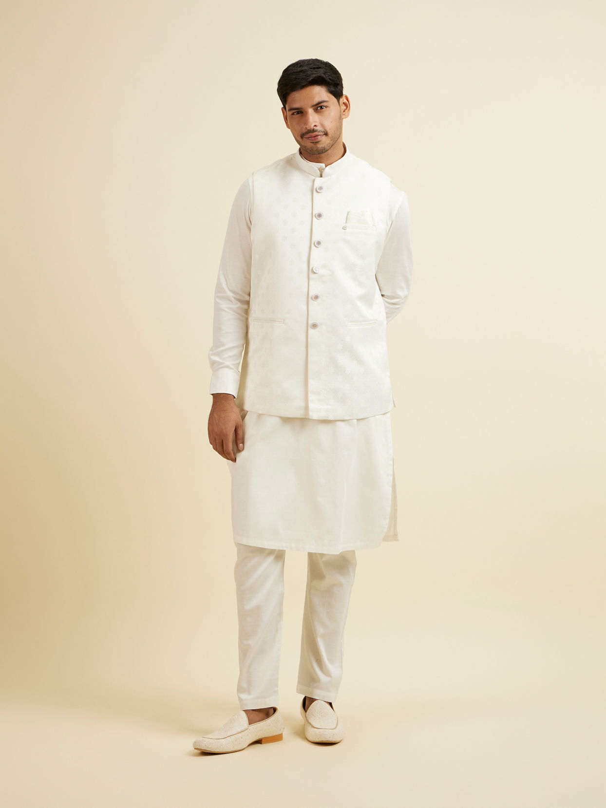 Manyavar Men Warm White Ditsy Floral Print Jacket