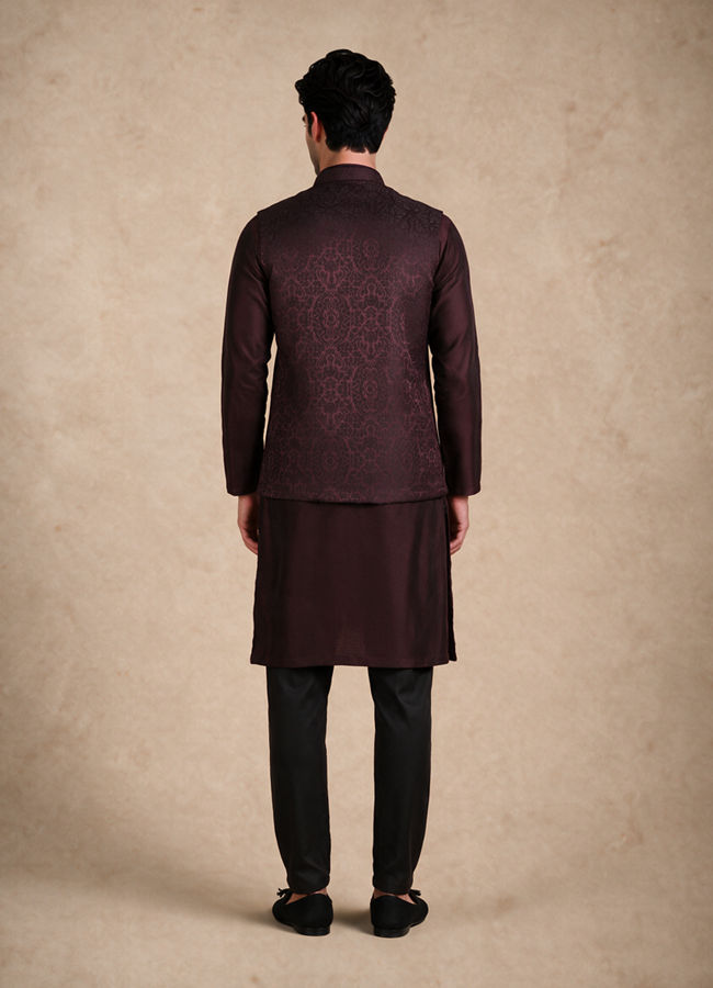Manyavar Men Wine Brocade Nehru Jacket with Self-Texture