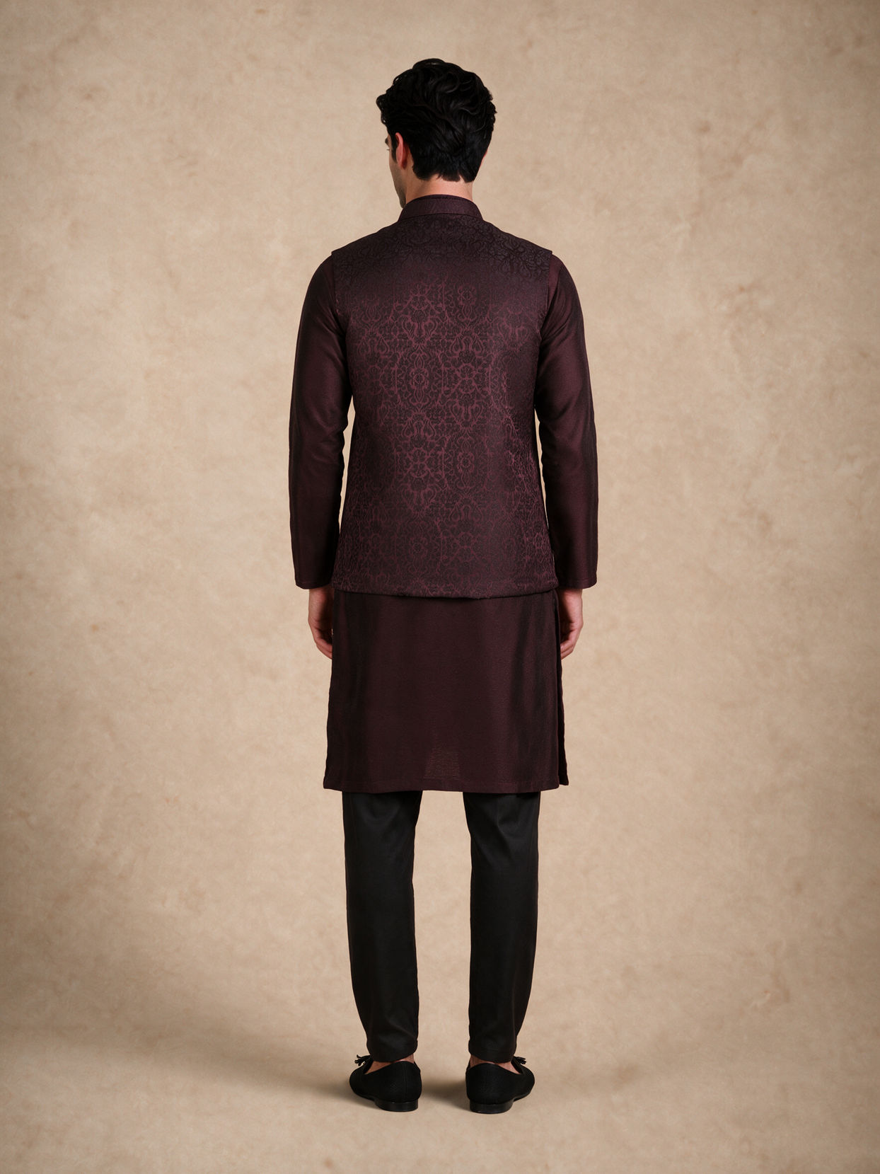 Manyavar Men Wine Brocade Nehru Jacket with Self-Texture