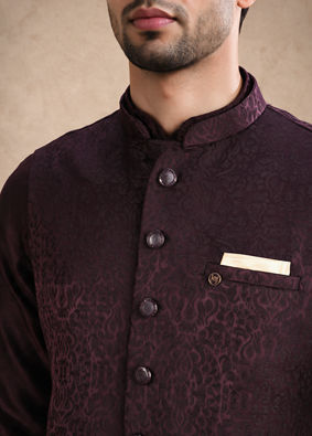 Manyavar Men Wine Brocade Nehru Jacket with Self-Texture