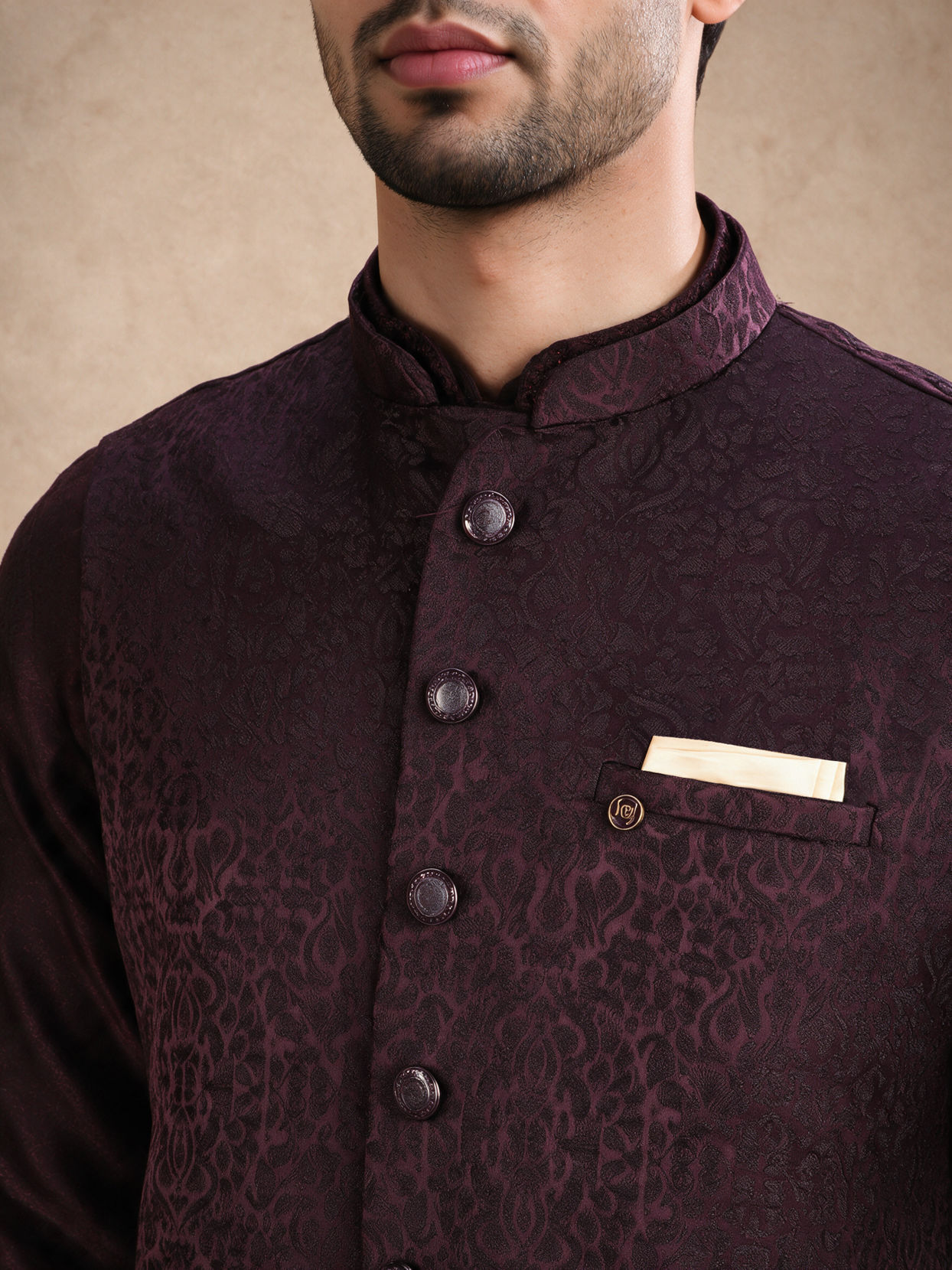 Manyavar Men Wine Brocade Nehru Jacket with Self-Texture