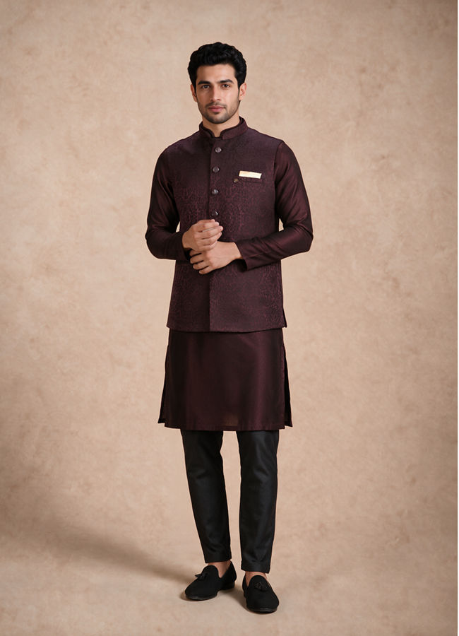 Manyavar Men Wine Brocade Nehru Jacket with Self-Texture
