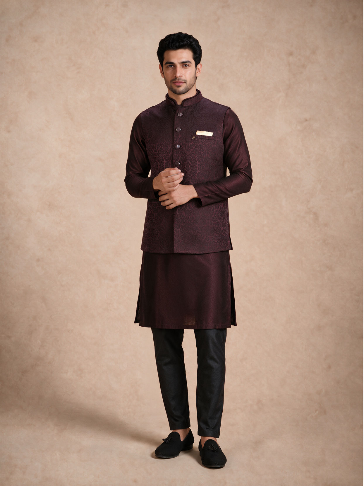 Manyavar Men Wine Brocade Nehru Jacket with Self-Texture