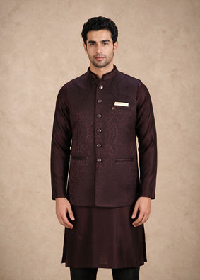 Manyavar Men Wine Brocade Nehru Jacket with Self-Texture
