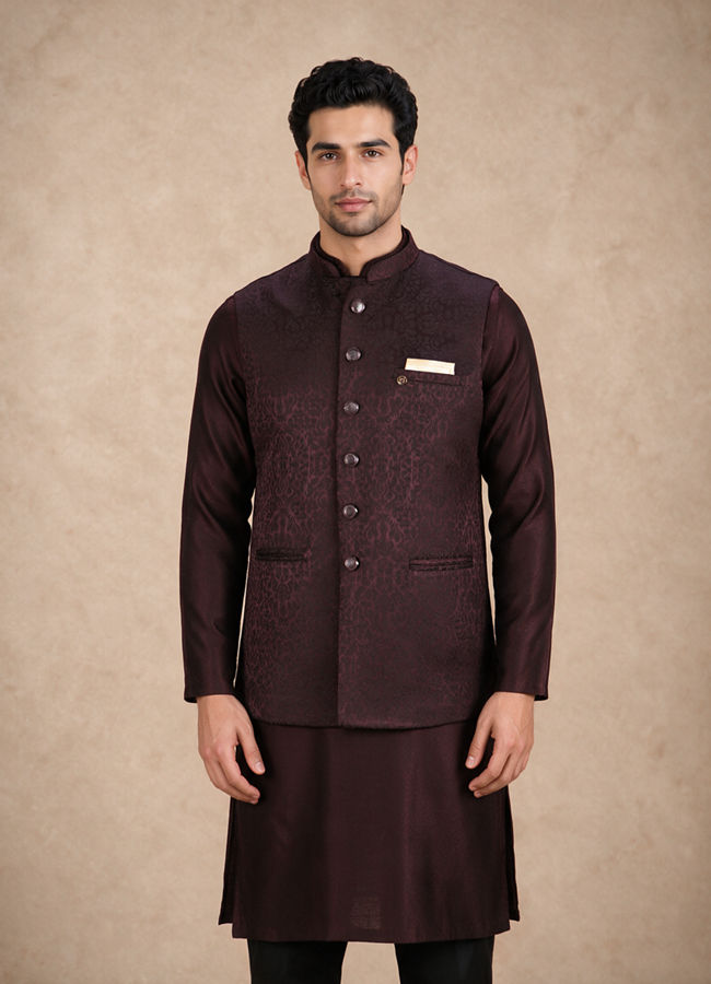 Manyavar Men Wine Brocade Nehru Jacket with Self-Texture