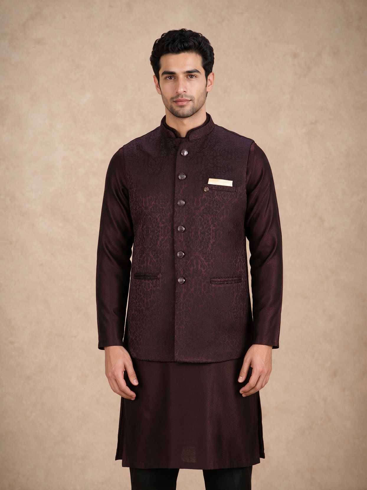 Manyavar Men Wine Brocade Nehru Jacket with Self-Texture
