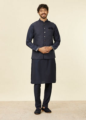 alt message - Manyavar Men Dark Blue Medallion Patterned Nehru Jacket image number 2