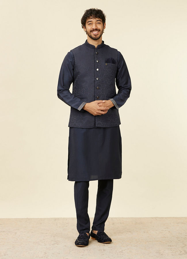 Manyavar Men Dark Blue Medallion Patterned Nehru Jacket