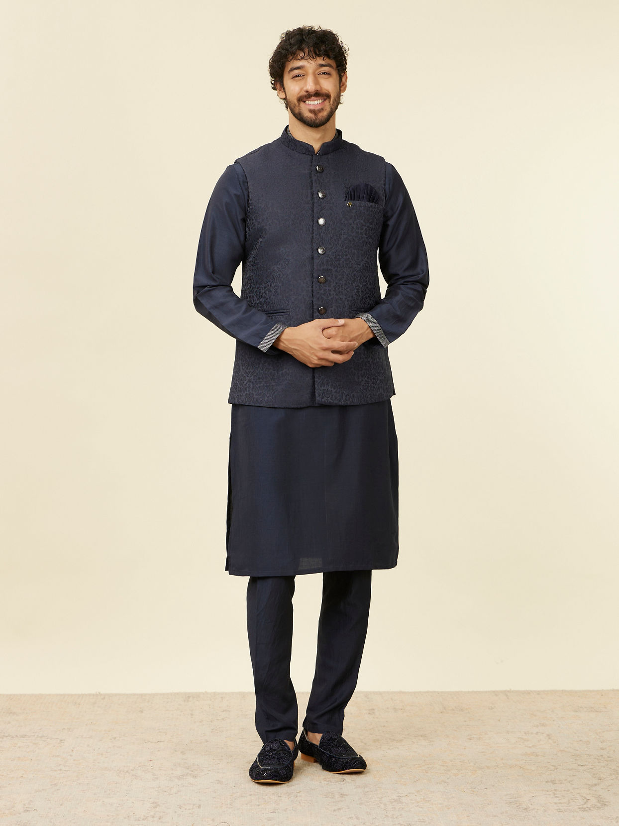 Manyavar Men Dark Blue Medallion Patterned Nehru Jacket