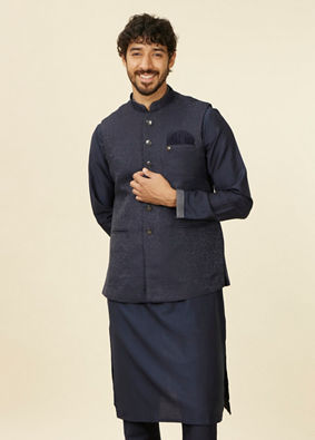 alt message - Manyavar Men Dark Blue Medallion Patterned Nehru Jacket