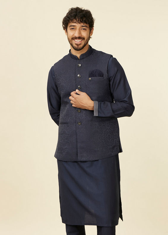 alt message - Manyavar Men Dark Blue Medallion Patterned Nehru Jacket