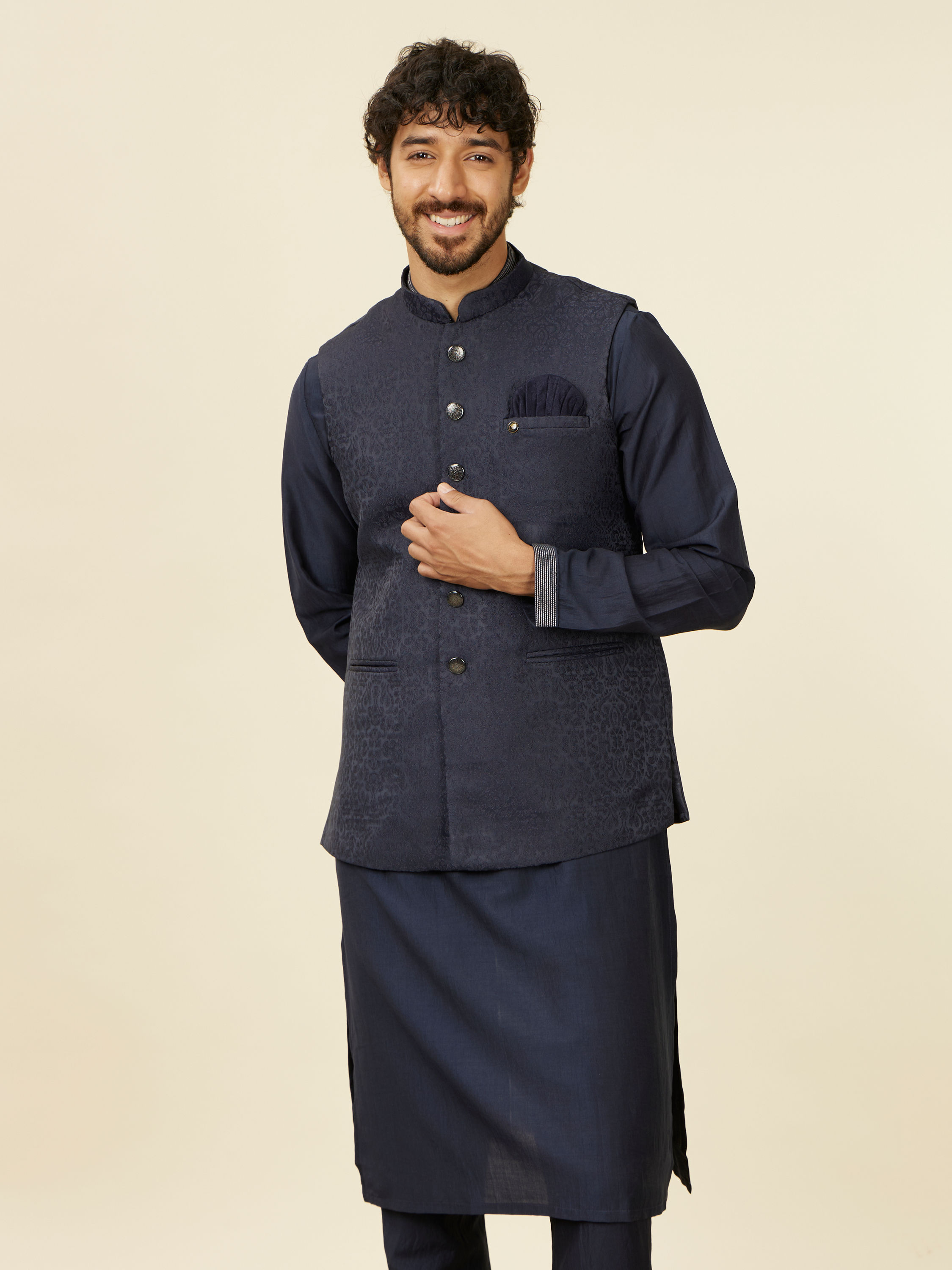 Manyavar Men Dark Blue Medallion Patterned Nehru Jacket