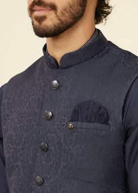 alt message - Manyavar Men Dark Blue Medallion Patterned Nehru Jacket image number 1