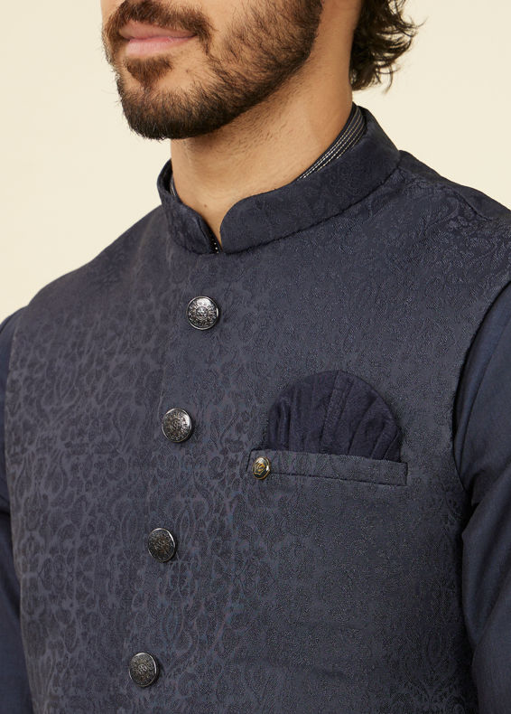 Manyavar Men Dark Blue Medallion Patterned Nehru Jacket