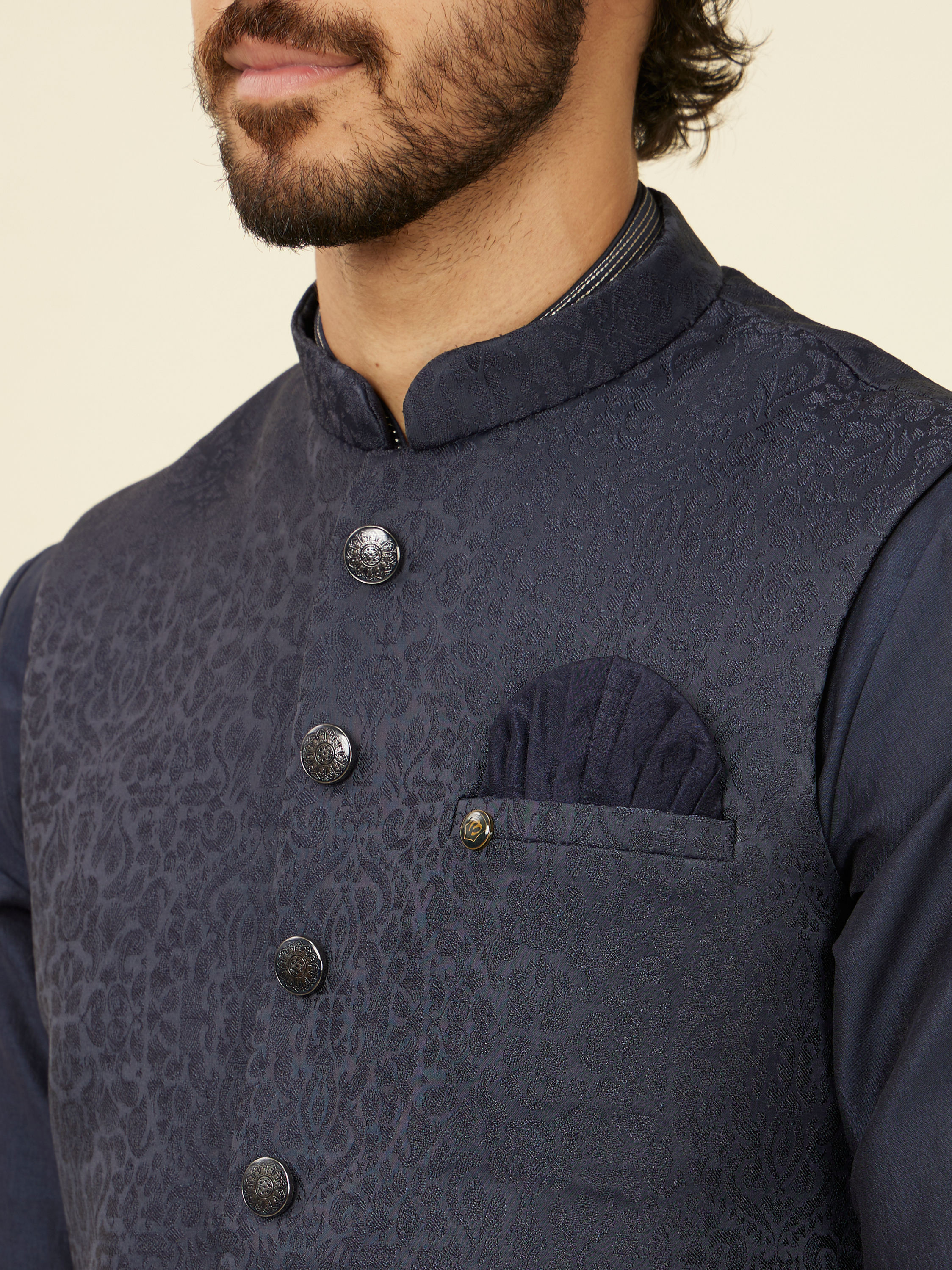 Manyavar Men Dark Blue Medallion Patterned Nehru Jacket