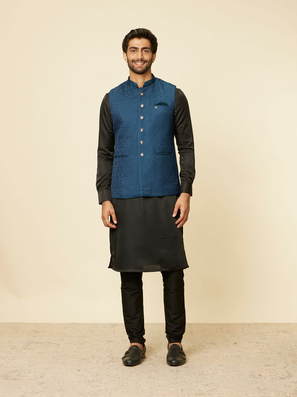 alt message - Manyavar Men Teal Blue Medallion Patterned Nehru Jacket image number 2